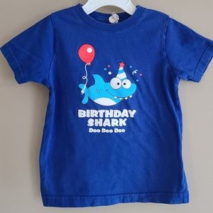 Blue "Birthday Shark" short sleeved tee shirt